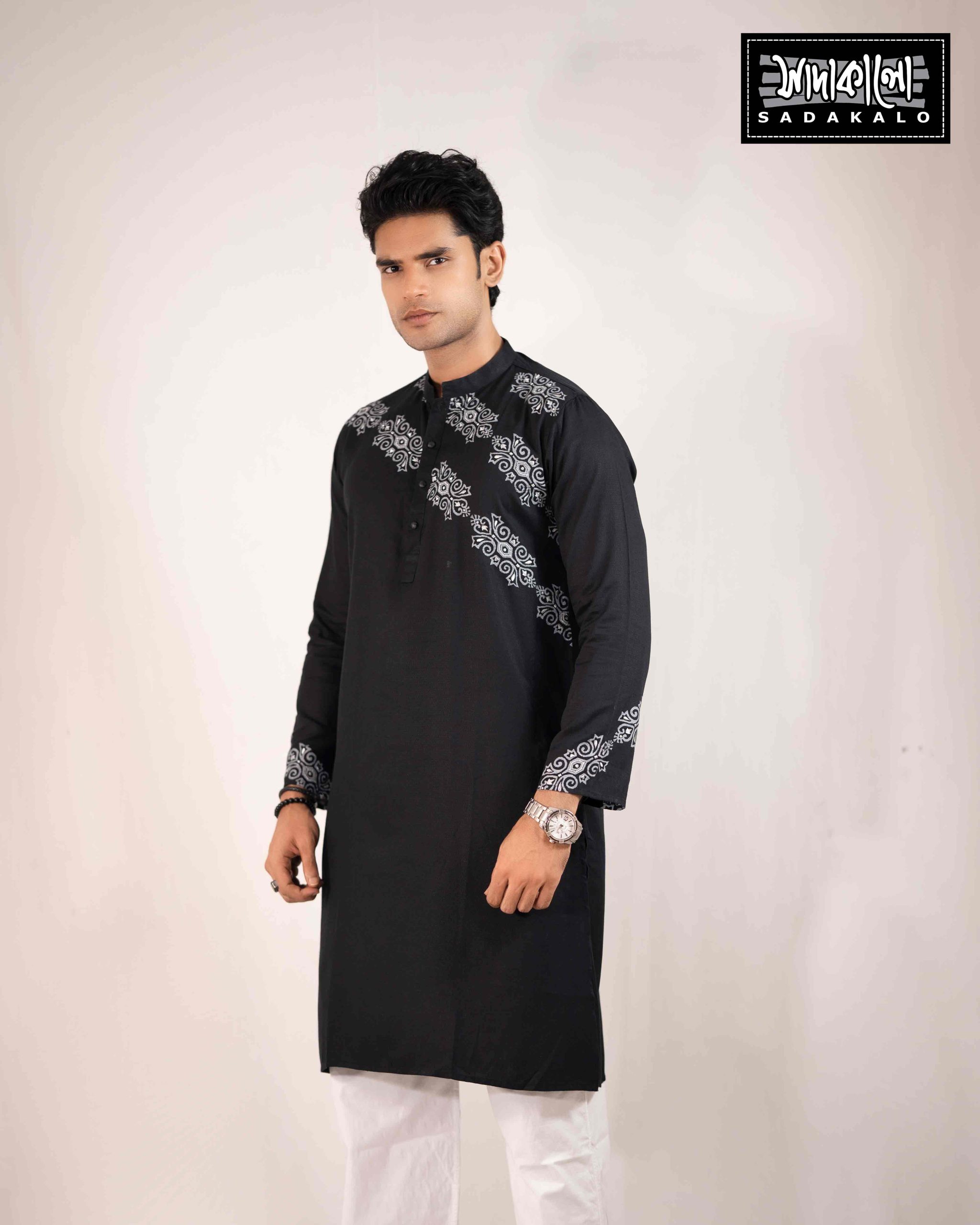 Sophisticated Black Panjabi with Intricate Silver Prints