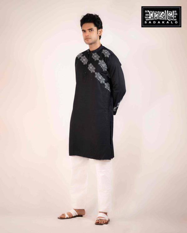 Sophisticated Black Panjabi with Intricate Silver Prints - Image 2
