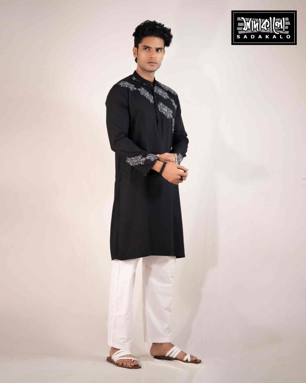 Sophisticated Black Panjabi with Intricate Silver Prints - Image 3