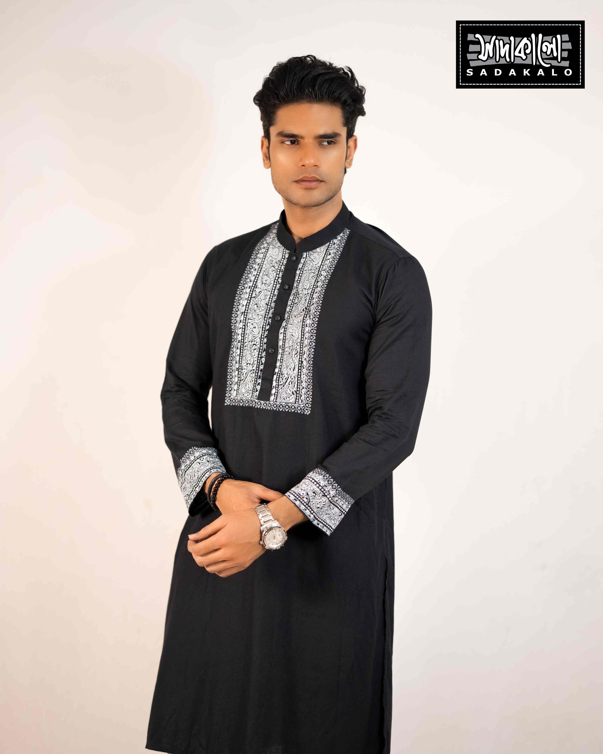 Sleek and Stylish Black Panjabi with Silver Detailing