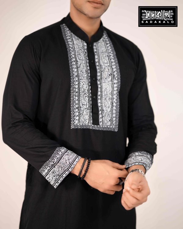 Sleek and Stylish Black Panjabi with Silver Detailing - Image 2