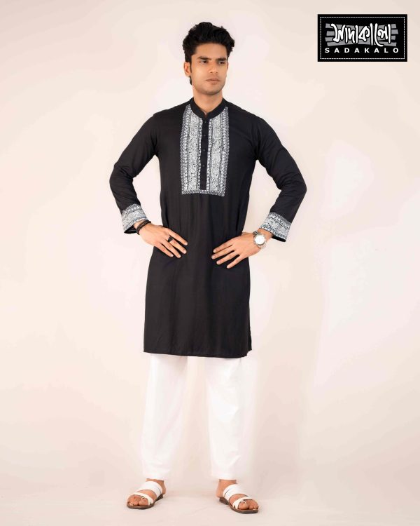 Sleek and Stylish Black Panjabi with Silver Detailing - Image 3