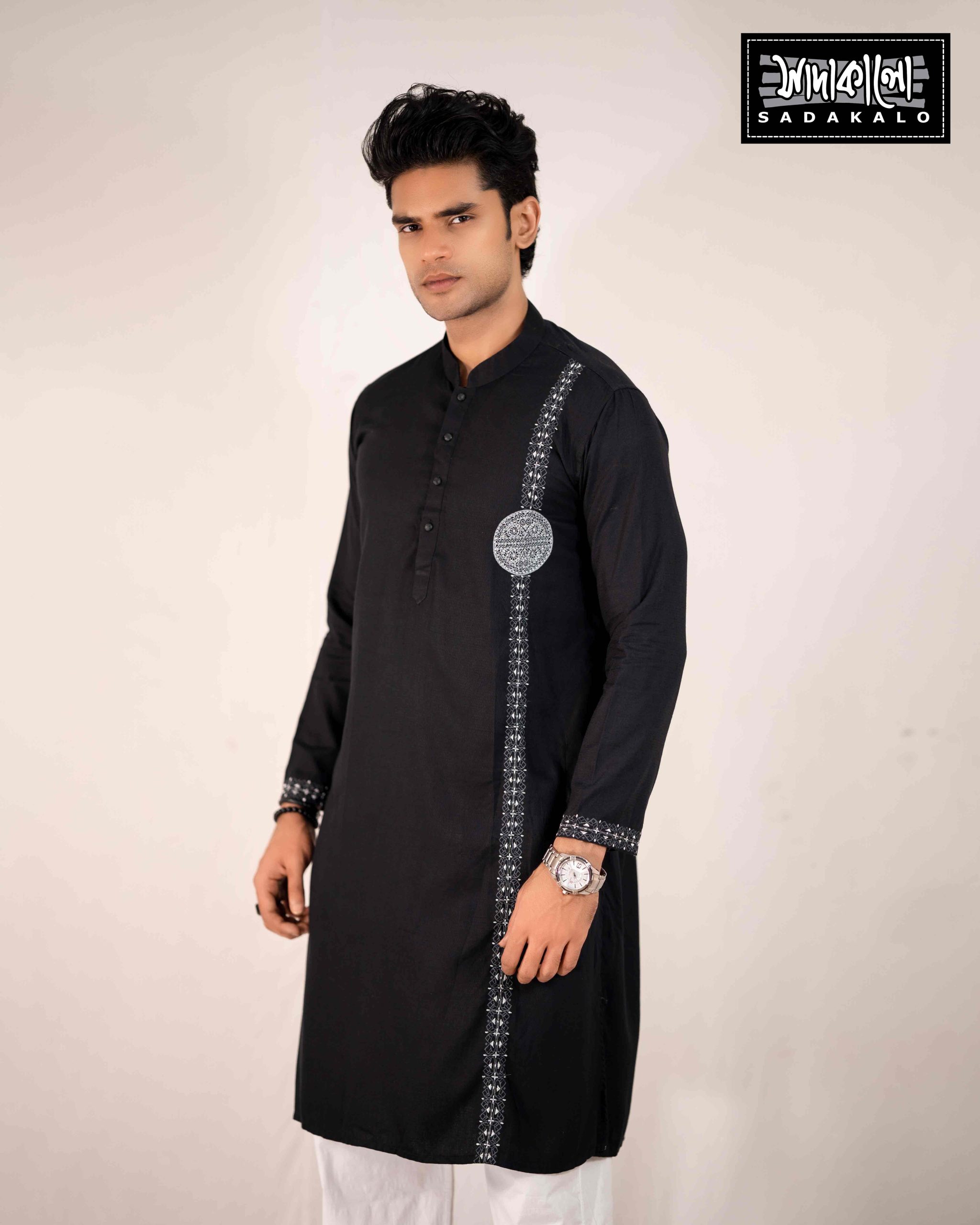 Designer Black Panjabi with Classical White Print