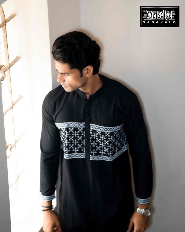 Sophisticated Black Panjabi with White Geometric Print for Special Occasions - Image 2