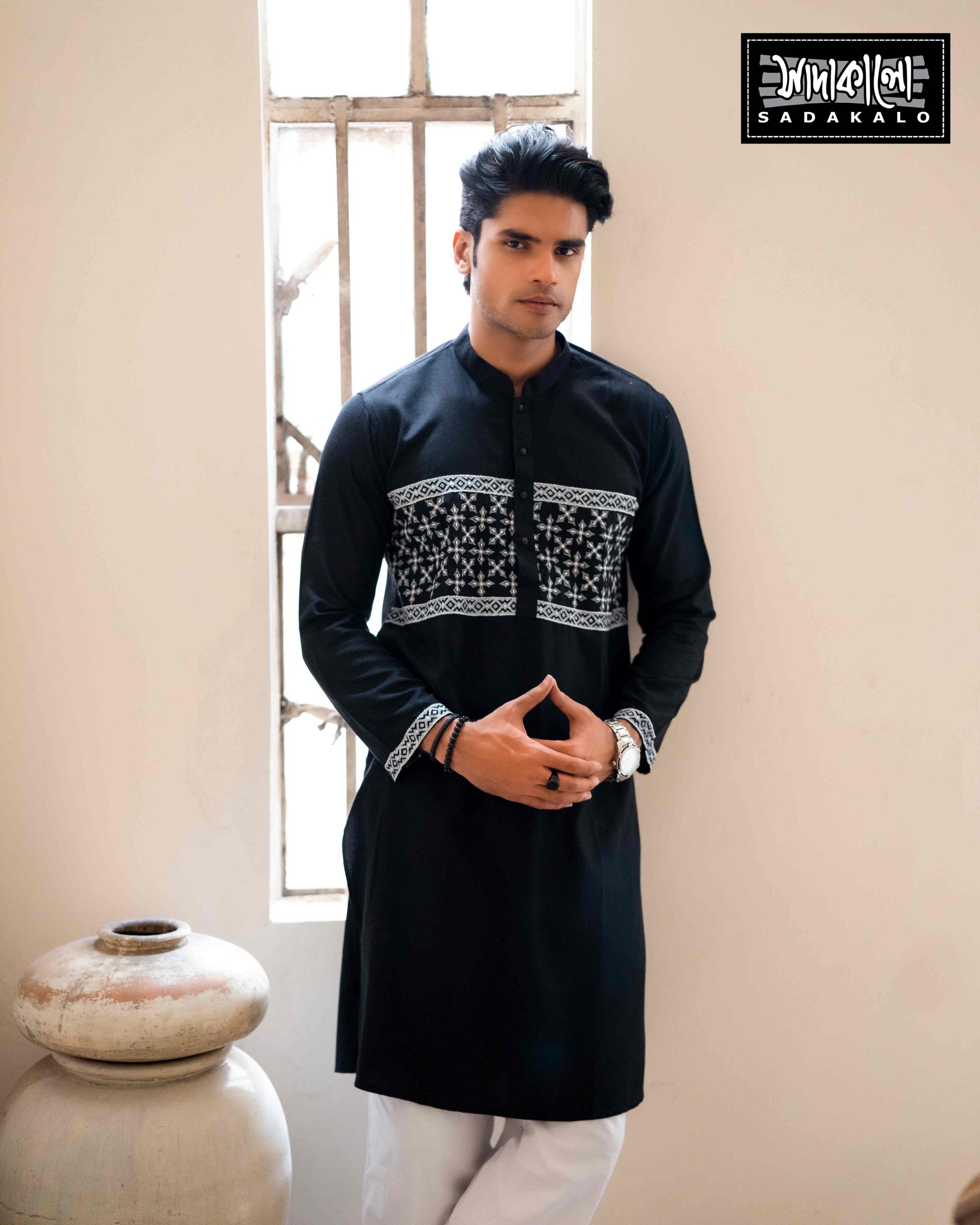 Sophisticated Black Panjabi with White Geometric Print for Special Occasions