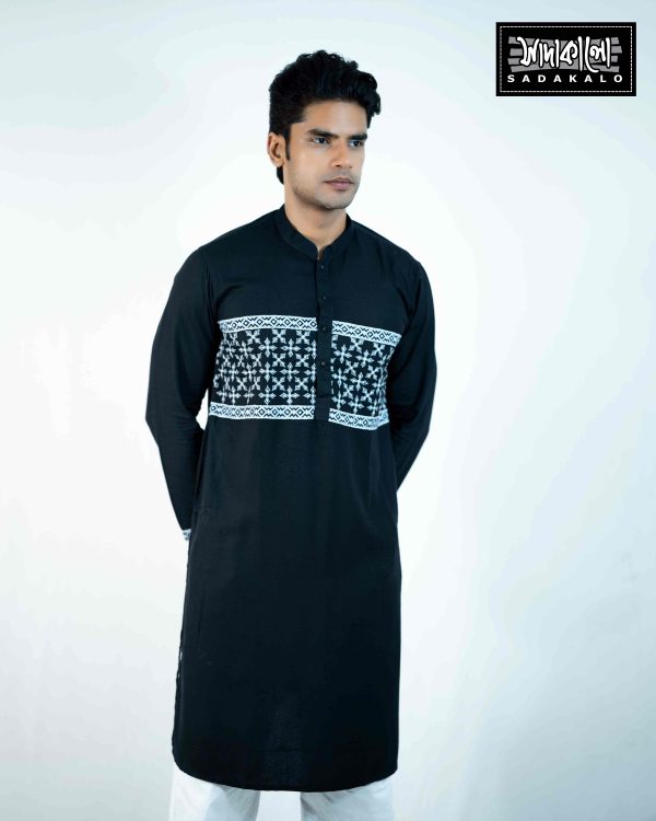 Sophisticated Black Panjabi with White Geometric Print for Special Occasions - Image 3