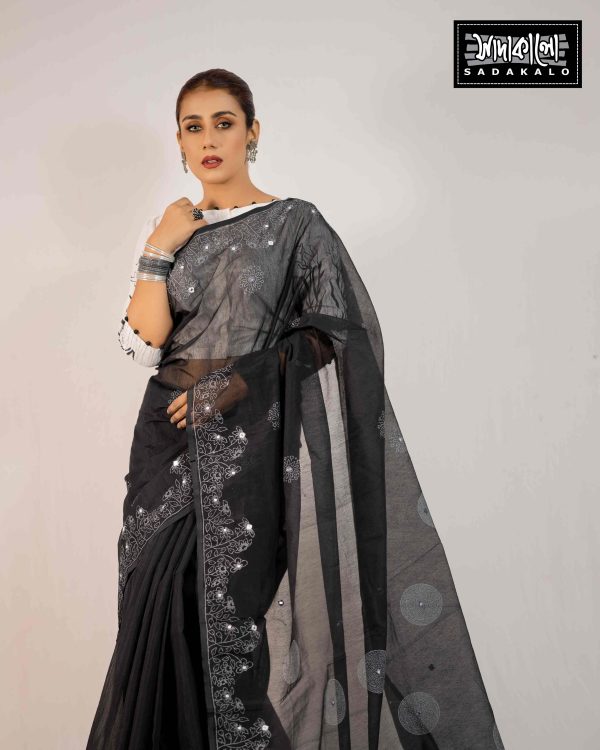Modern Party Black Saree with White print - Image 2