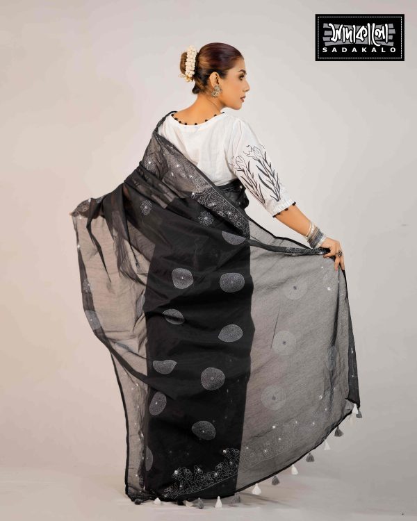 Modern Party Black Saree with White print - Image 3