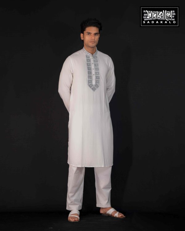 Wonderful White Men’s Panjabi with Detailed Collar Print - Image 2