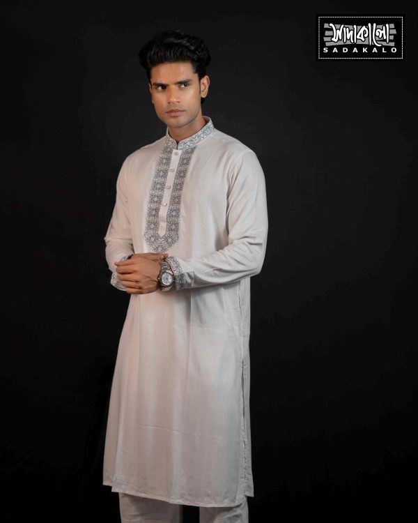 Wonderful White Men’s Panjabi with Detailed Collar Print - Image 3