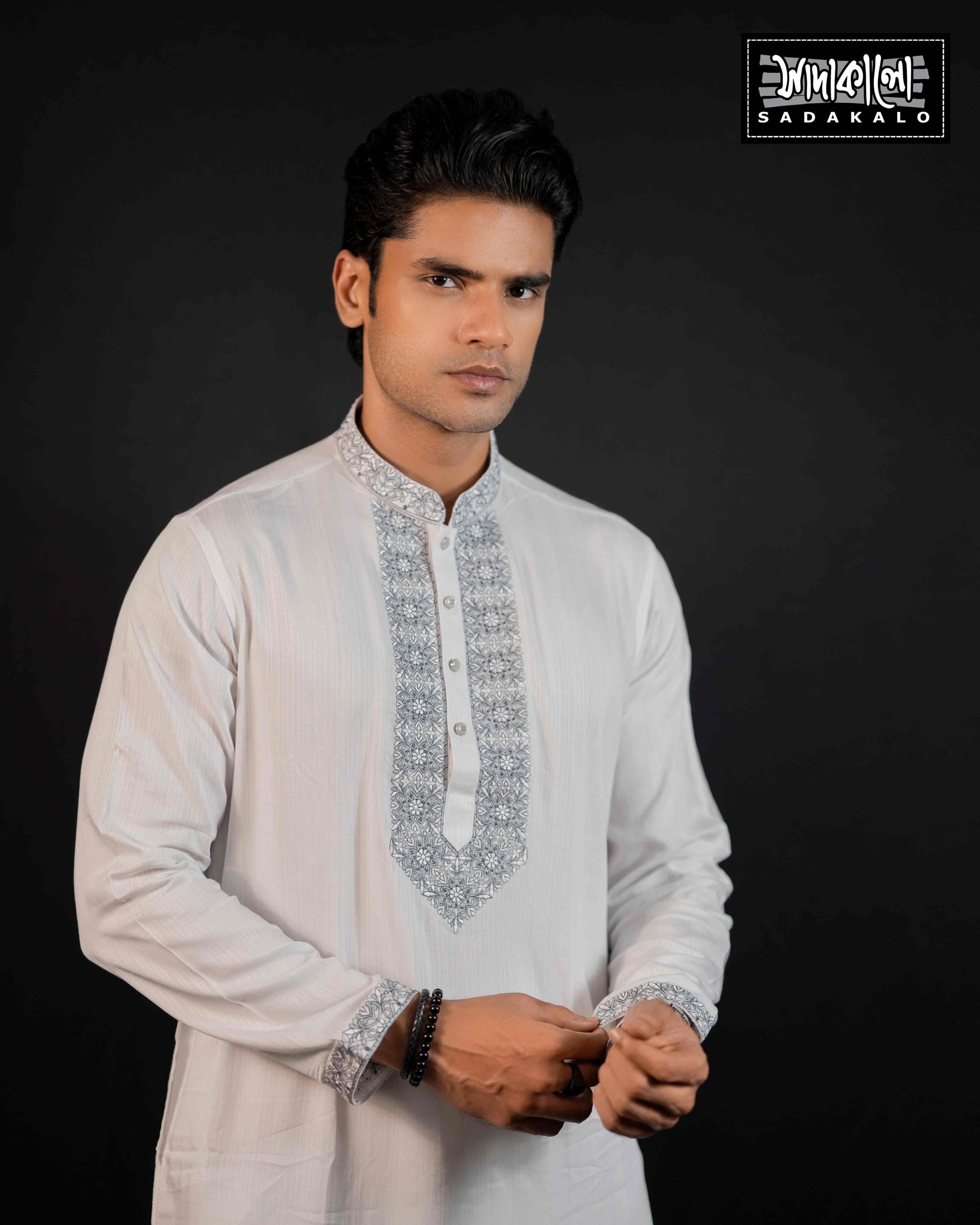 Wonderful White Men’s Panjabi with Detailed Collar Print