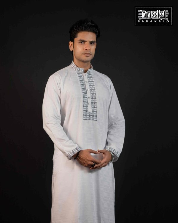 Stylish White Panjabi with Modern Geometric Print - Image 2