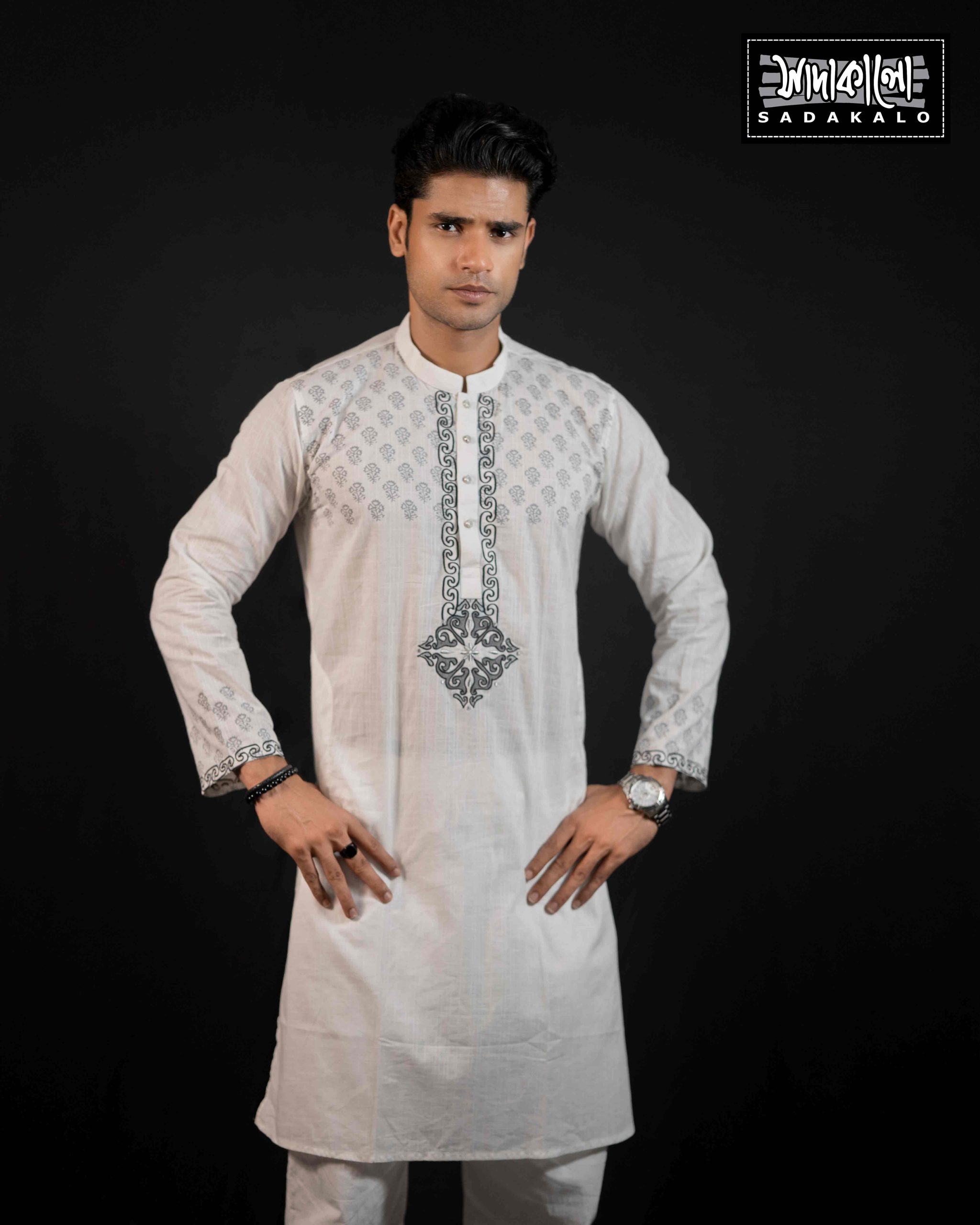 Sleek White Panjabi with Black Print