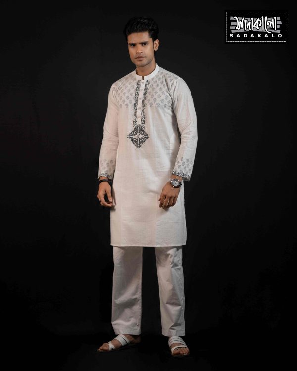 Sleek White Panjabi with Black Print - Image 2