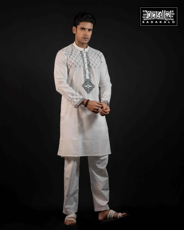 Sleek White Panjabi with Black Print - Image 3