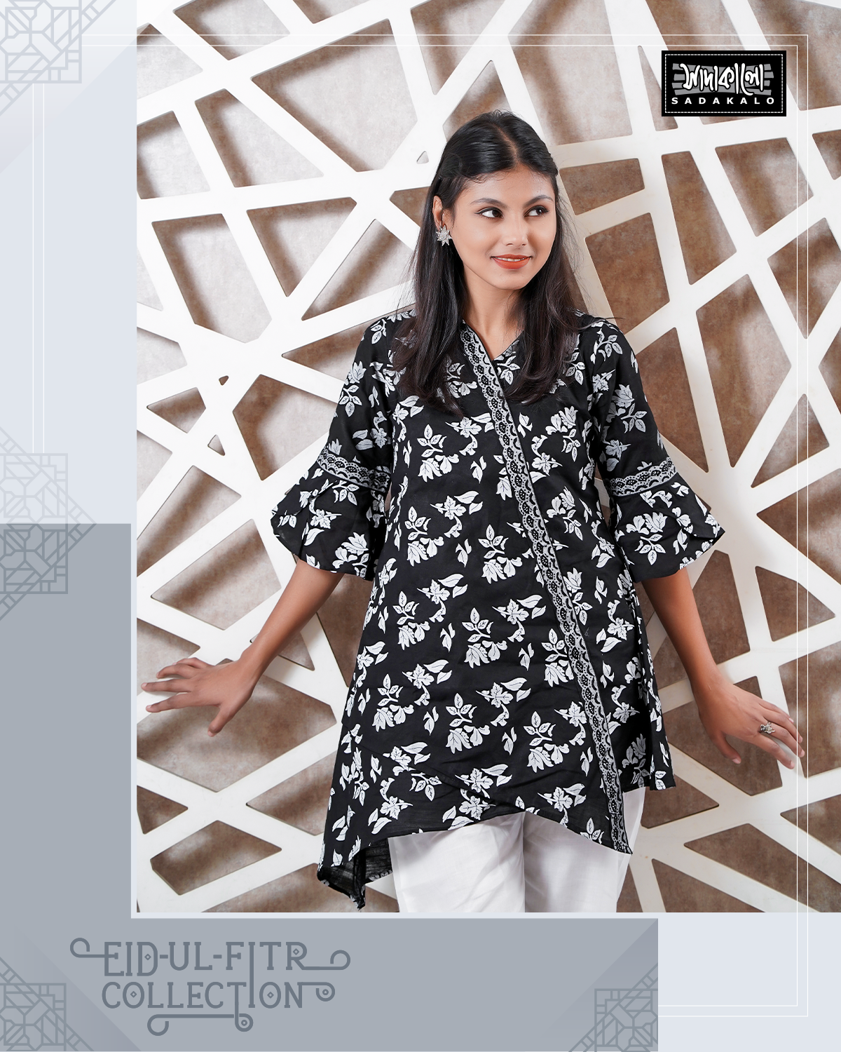 New Eid Stylish Screen Printed Cotton Fabric Black Tops - Image 3