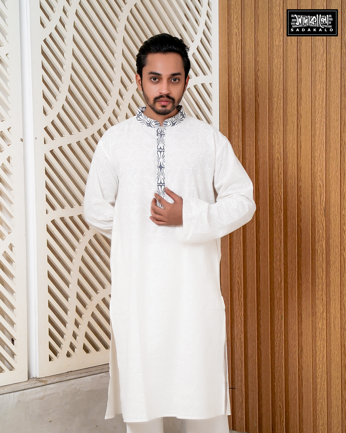 Eid  Block Printed Cotton Fabric White Panjabi
