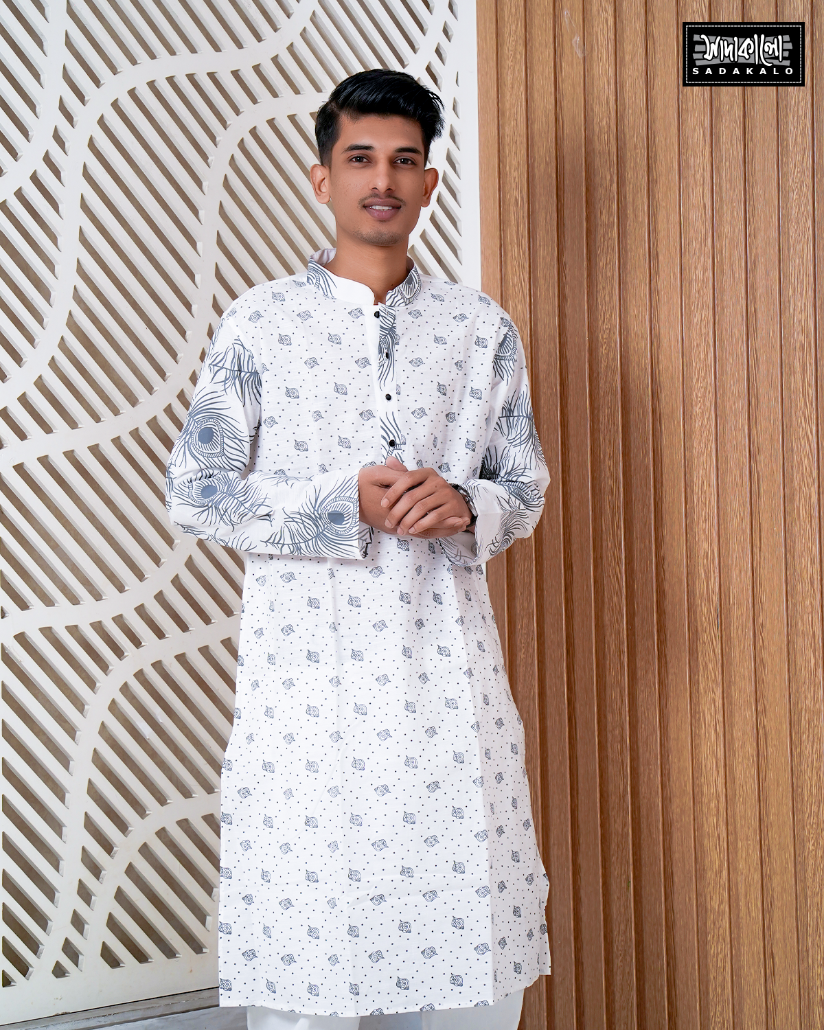 Eid Screen Printed Cotton Fabric White Panjabi - Image 2