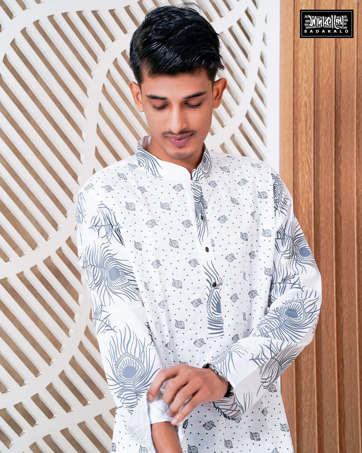 Eid Screen Printed Cotton Fabric White Panjabi - Image 3