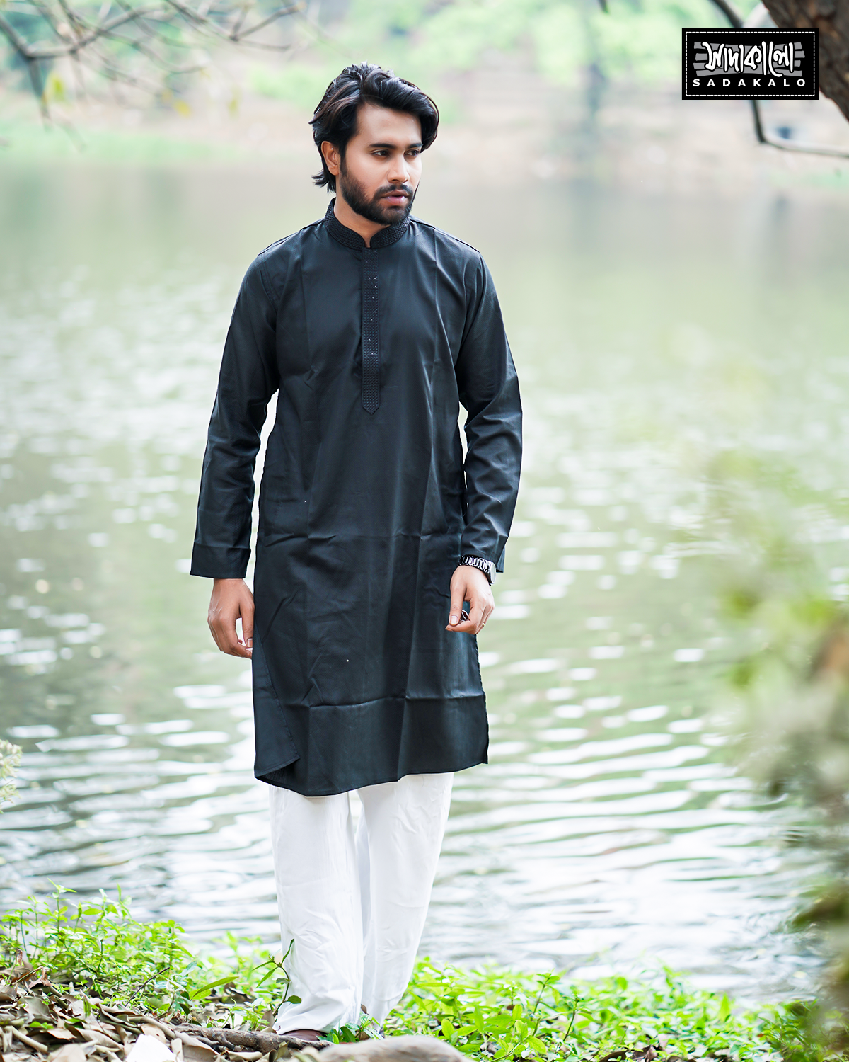 New Looking Embroidered Black Color Cotton Fabric Panjabi - Image 2