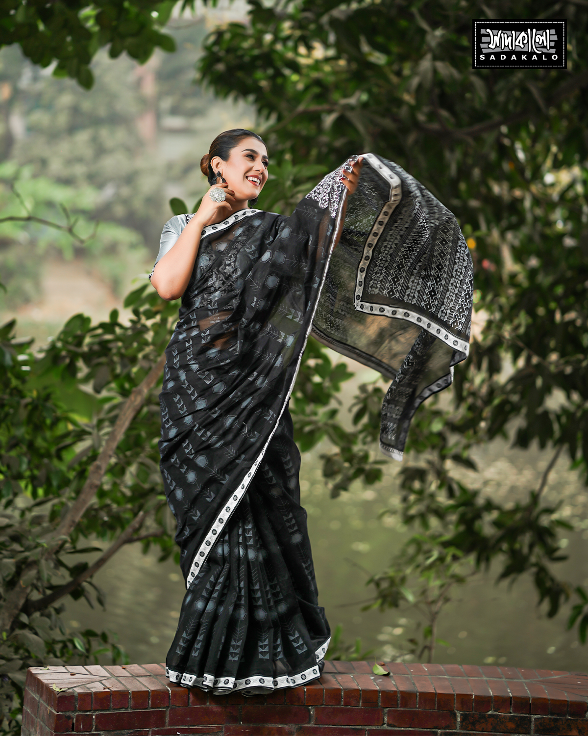 Screen Printed Half Silk Fabric Black Color Sharee