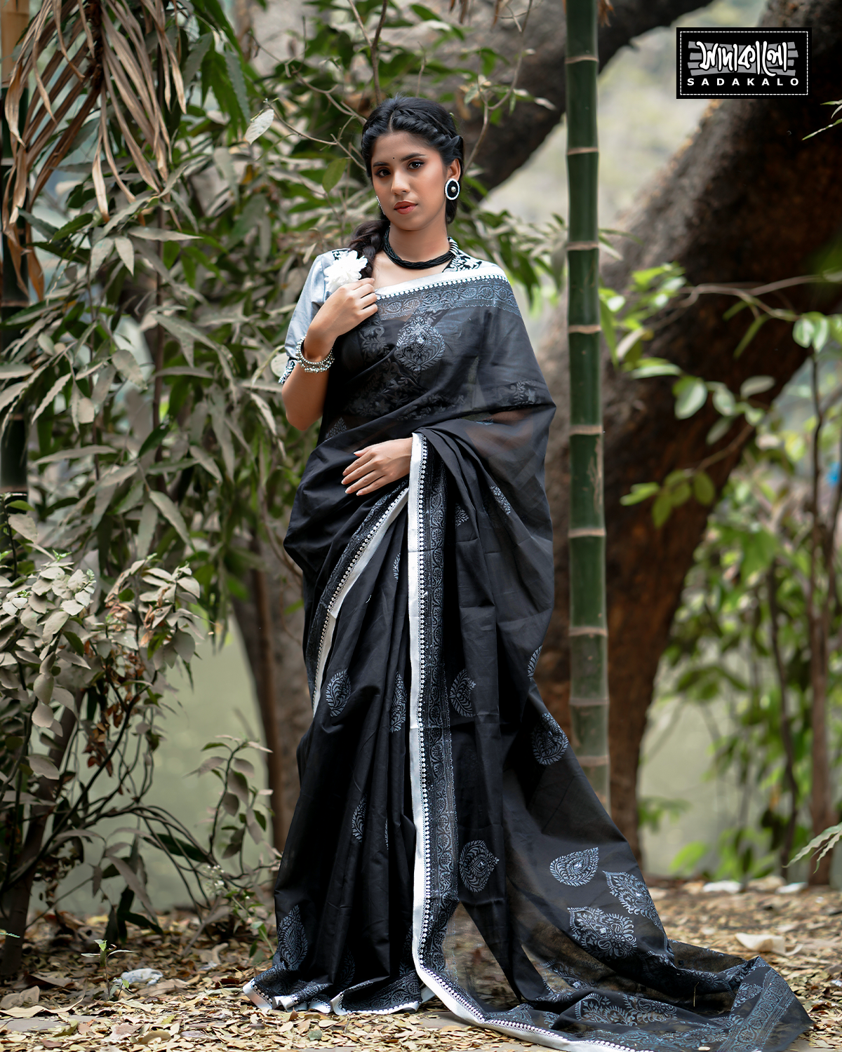 Stylish Block Embroidered Half Silk Black Sharee