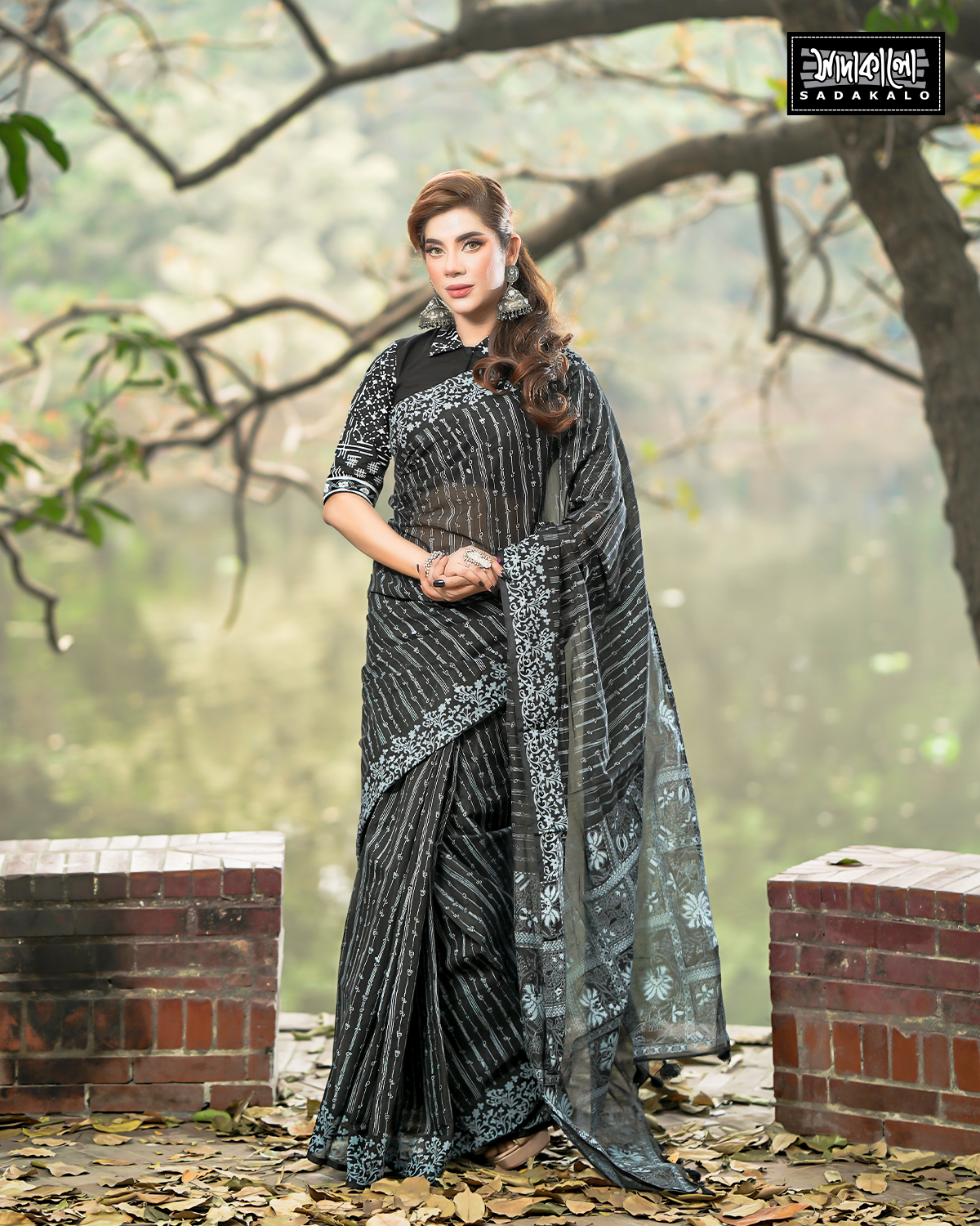 Screen Printed Half Silk Fabric Black Color Sharee