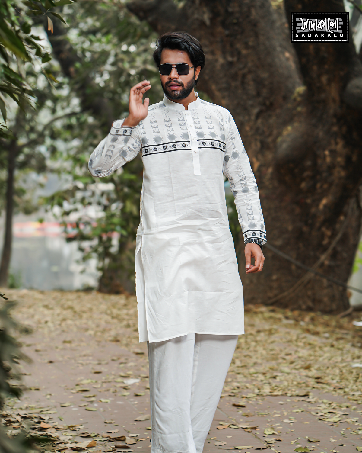 Screen Printed White Color Cotton Fabric Mens Panjabi